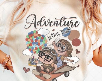 Retro Pixar Up Carl & Ellie Adventure Is Out There Comfort Colors Png, His Ellie Her Carl Couple Png, Trip Png, Up Png