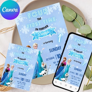 Invitación de cumpleaños de Frozen Four: La primera vez en la eternidad. Invitación de cumpleaños de Frozen 1.º. Invitación editable para fiesta infantil de cuarto año. Tema de Elsa y Anna.
