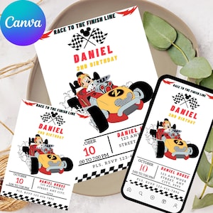 Red Roadster Mickey Mouse Editable Invitation - Mickey mouse, racer, roadster Mickey, roadster racer, red invite, birthday, fast one