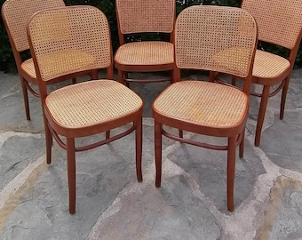 1 of 13 Rare Vienna straw wooden Thonet chairs from 60s/ model  Praga/ design by Josef Hofman/Italy