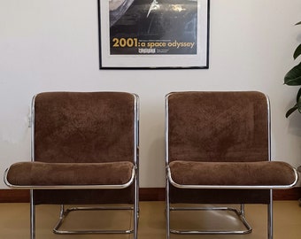 1 of 3 Mid-Century Modern &quot;Calla&quot; Dining Chairs by Antonio Ari Colombo for Arflex / Brown Velvet and Curved Chromed Steel / 1970s Italy
