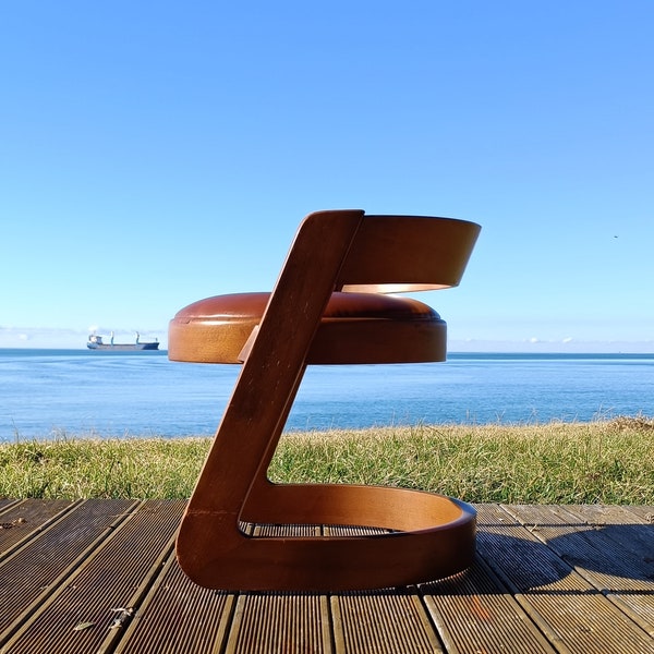 Tabouret du milieu du siècle conçu par Willy Rizzo pour Mario Sabot / bois et cuir artificiel / années 70 / moderne /