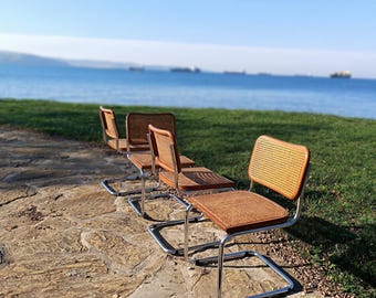Set of B32 chairs / called Cesca / designed by Marcel Breuer in 1928 / modern/ Vienna straw / dining room chairs / made in Italy in 1980s