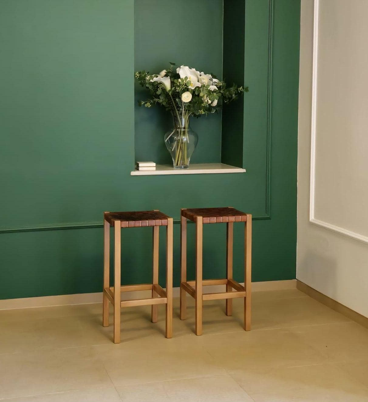 1 of 2 High wooden stool with woven brown leather seat / 1970s - 1980s