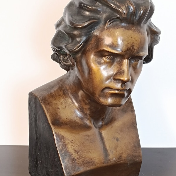 Beethoven Grand buste en plâtre peint bronze / vintage