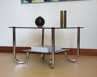 vintage tubular coffee table / smoked glasses / modern / mid century / Bauhaus style