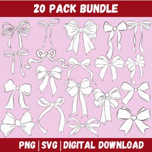 May include: A set of 20 white outline bow illustrations. The bows are in various styles and sizes. The image has a pink background and the text "20 PACK BUNDLE" at the top. The text "PNG | SVG | DIGITAL DOWNLOAD" is at the bottom of the image.