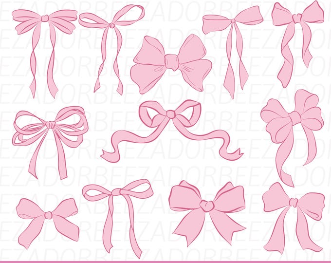 Pink Coquette Bow Clipart: Hand-drawn Ribbon SVG PNG Bundle (digital ...