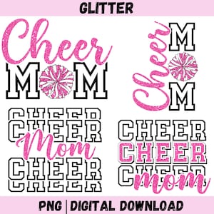 Peut inclure: Quatre motifs sur fond blanc avec les mots "Cheer Mom" en paillettes roses et lettres noires. Deux motifs incluent des pompons roses et blancs. Le mot "Glitter" est en haut et "PNG DIGITAL DOWNLOAD" en bas de l'image.