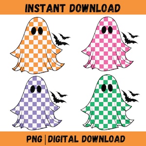 Checkered Ghost Png, Pastel Halloween Png, Spooky Png, Retro Ghost Png, Spooky Bat Shirt Design, Neon Preppy Ghost.