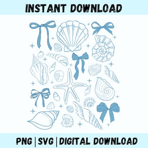 Conchas marinas coquetas PNG, Playa Svg, Camisa de verano retro, Costera Png, Viaje de chicas PNG Svg, Playa de lazo azul Png, concha png, Sublimación Png.