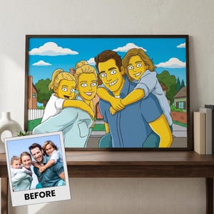May include: A framed cartoon portrait of a family, with yellow skin and exaggerated features, in a style reminiscent of a popular animated sitcom. The image includes a photo with the word "BEFORE".