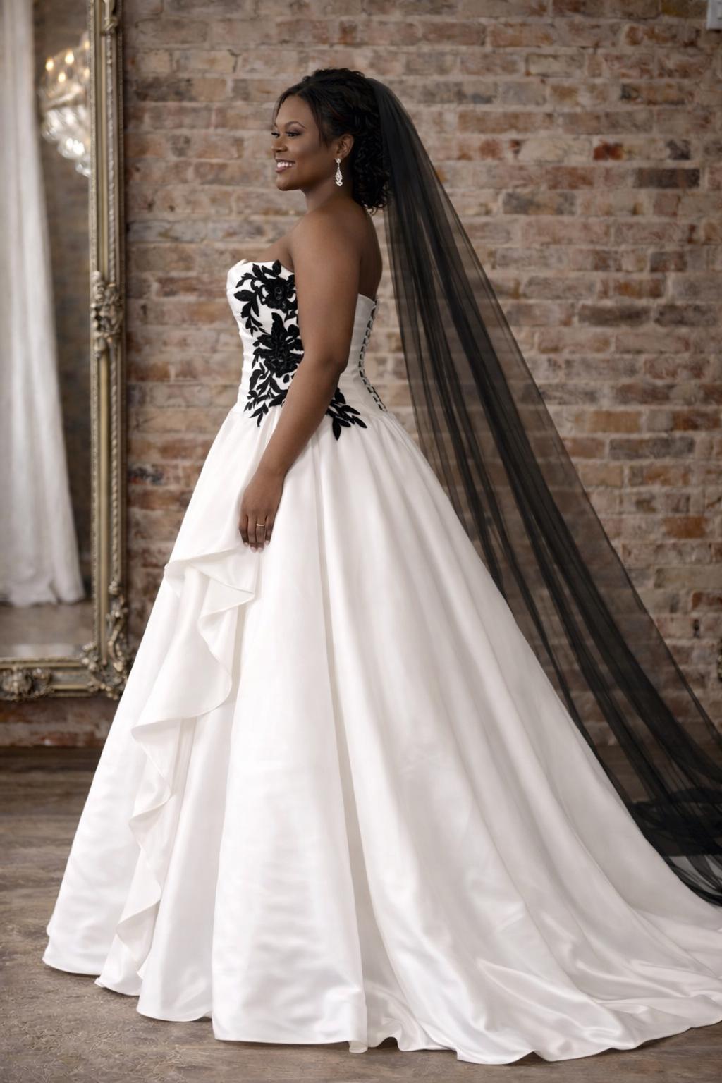 Strapless Satin Ball Gown With Black Lace & Asymmetrical Skirt Detail ...