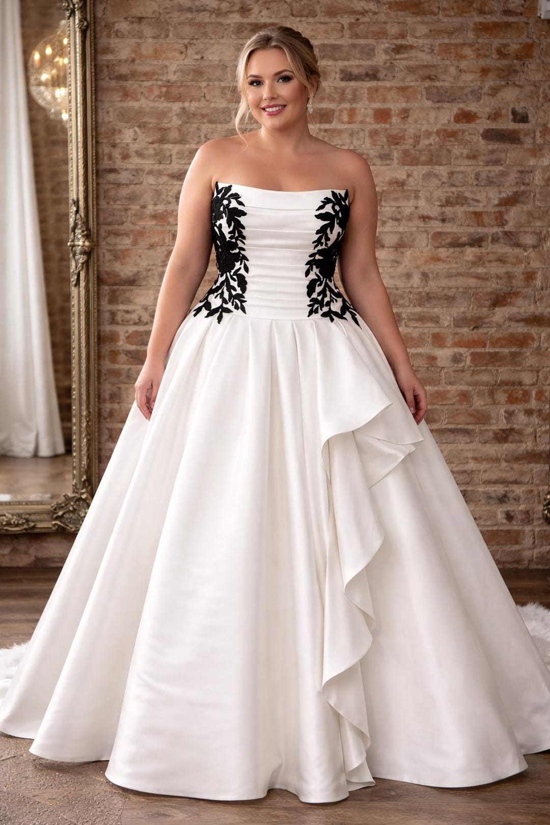 Strapless Satin Ball Gown With Black Lace & Asymmetrical Skirt Detail ...