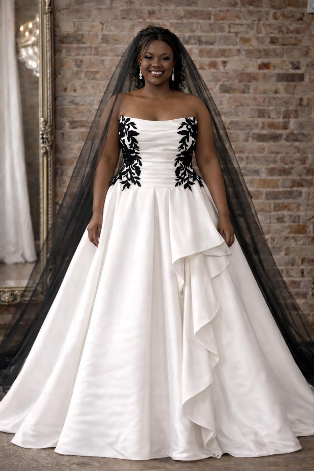 Strapless Satin Ball Gown With Black Lace & Asymmetrical Skirt Detail ...