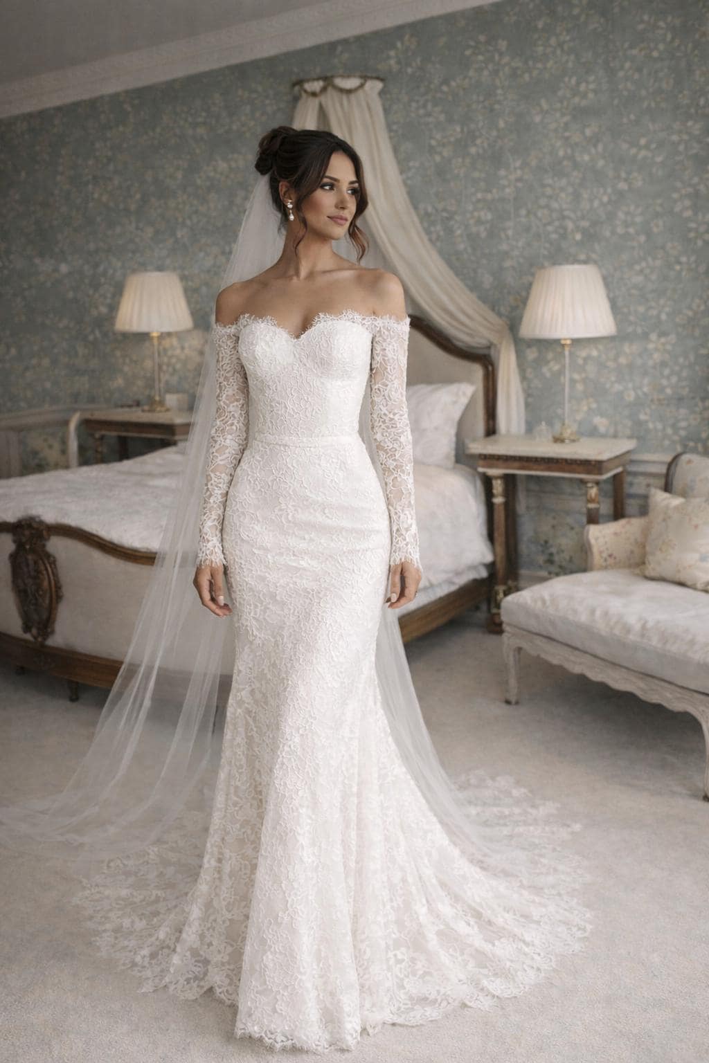 Off Shoulder Lace Wedding Dress With Sleeves – Fitted Romantic Bridal ...