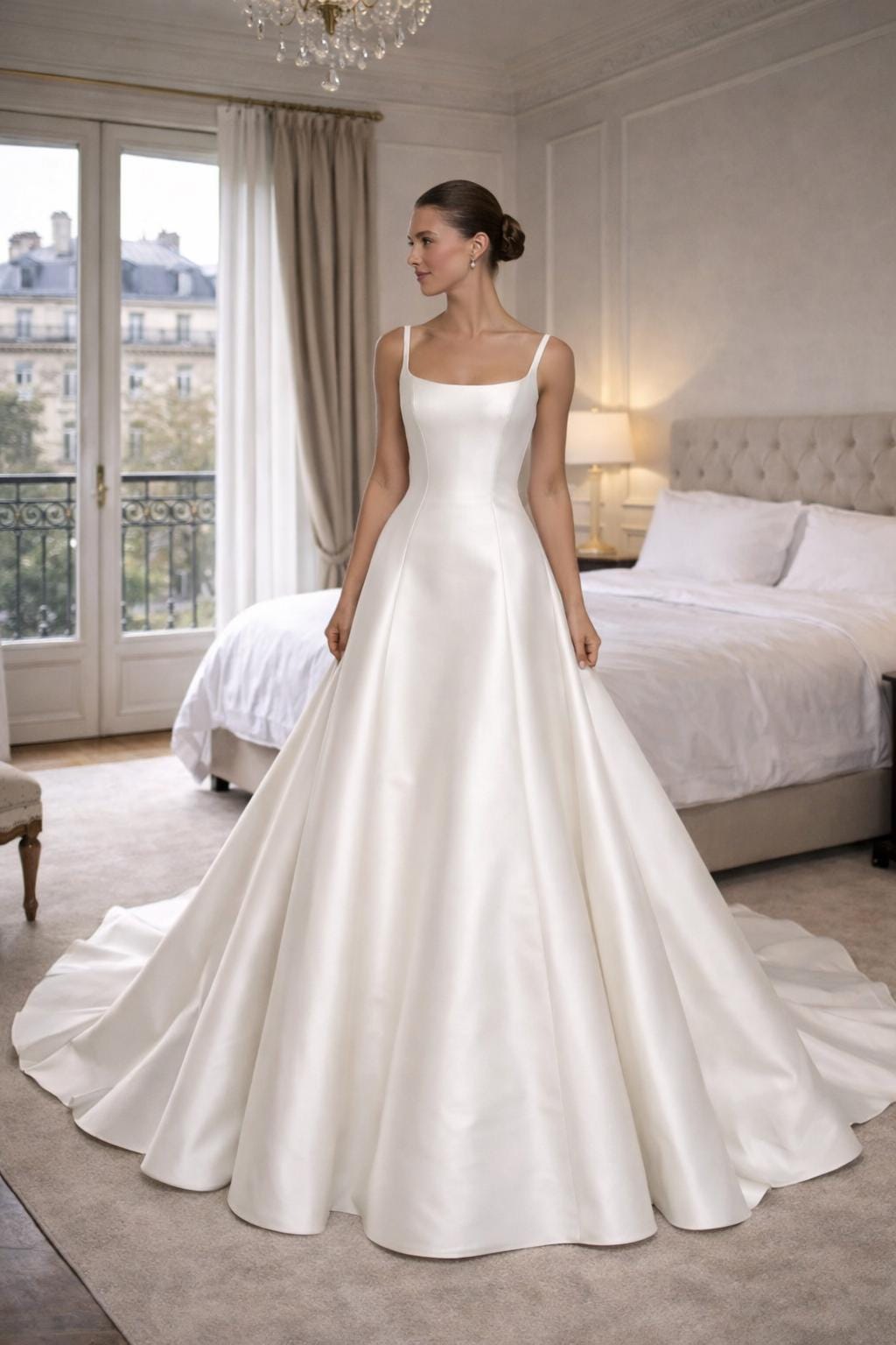 oyster satin wedding dress Nox Anabel -JE1015 V-Neck Pleated Satin A-Line Bridal Dress 6 / White