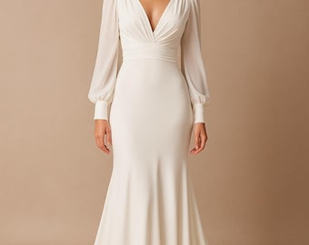 Flowing Long Sleeve V-Neck Wedding Dress – Boho Elegance