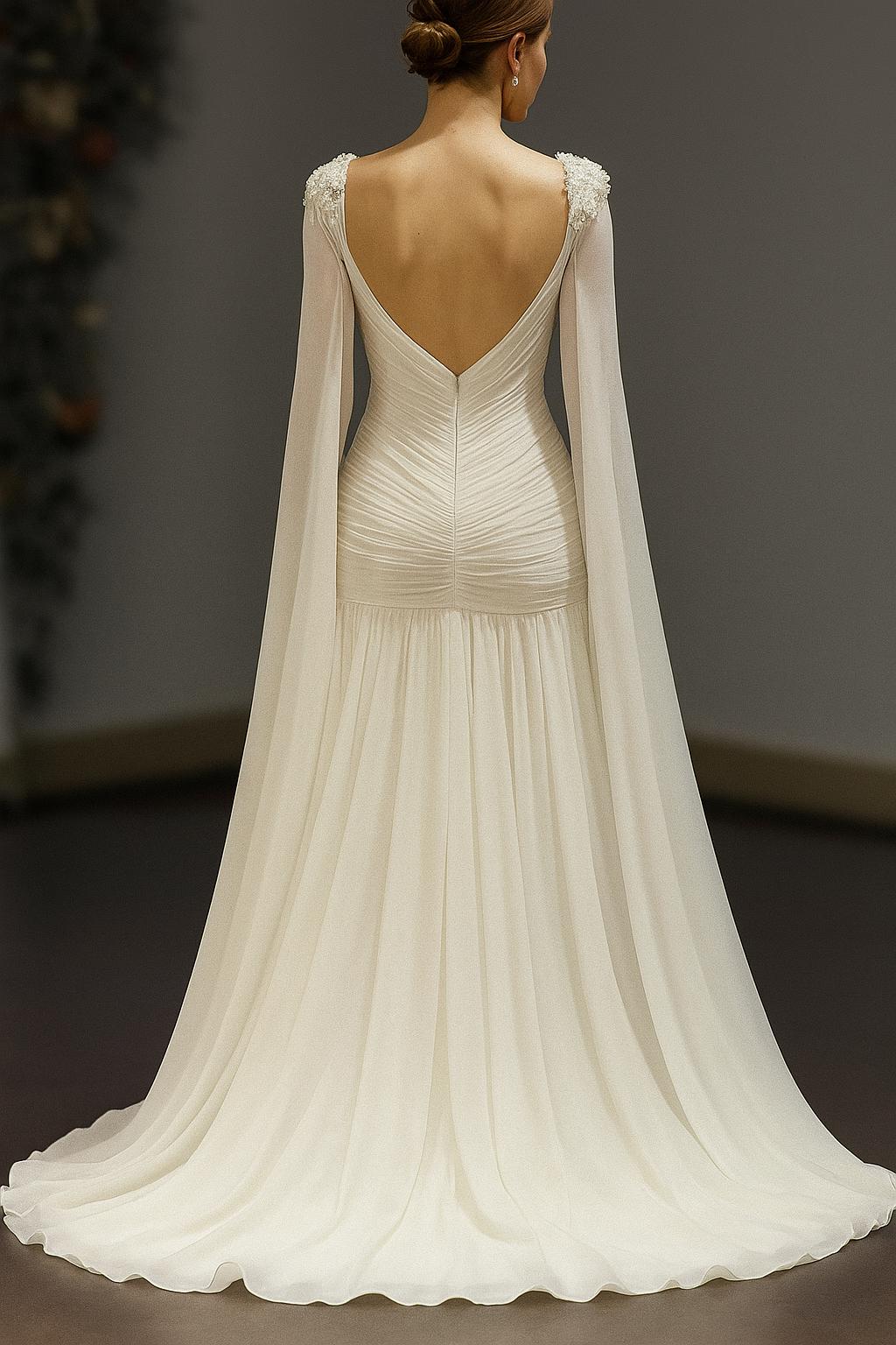 Butterfly Sleeve Wedding Dress Ethereal Long Chiffon Gown