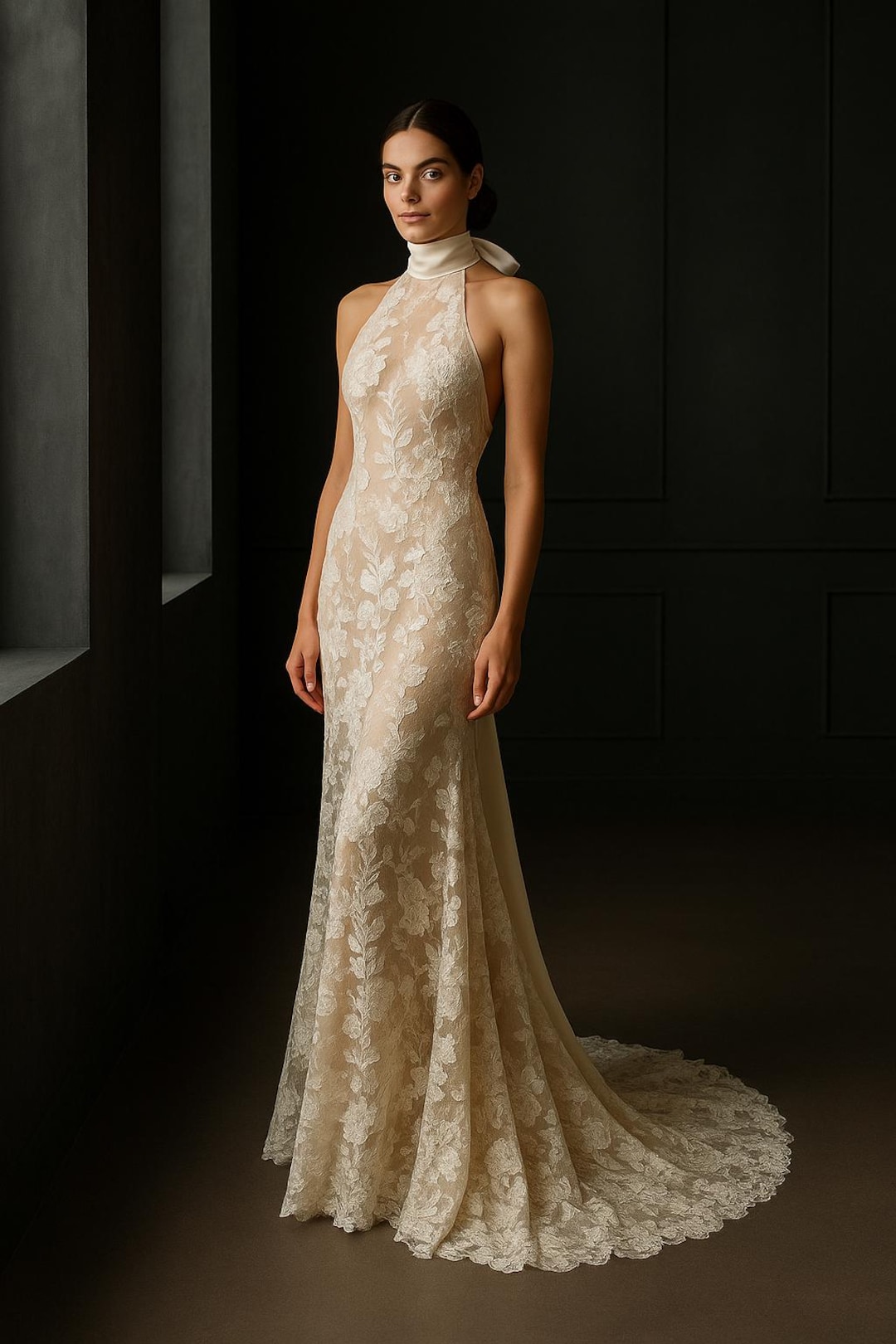 Floral Lace Halter Wedding Gown With Train Etsy — free download