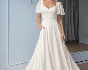 Ivory A-Line Wedding Dress with Flutter Sleeves