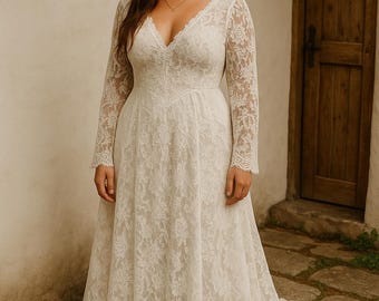 Boho Lace Wedding Dress – Long Sleeve with Optional Higher Back
