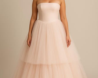 Blush Tulle Strapless Wedding Dress – Romantic Ball Gown