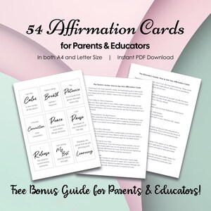 May include: A set of 54 affirmation cards for parents and educators, with the text "54 Affirmation Cards for Parents & Educators" at the top. The cards include phrases like "I am the Calm" and "I take a deep Breath". A bonus guide is also included.