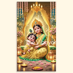 Cute Baby Krishna & Mother Yashoda Digital Art | Hindu God Printable | Divine Motherly Love | Instant Download | Decoration Wall Art