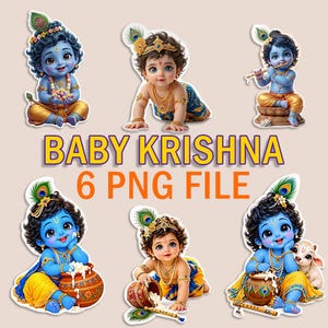 6 PNG Lilla Krishna, Söta Kanha Ji-utklipp, Eventdekor, Hinduisk Puja Utskrivbar (DIGITAL NEDLADDNING)