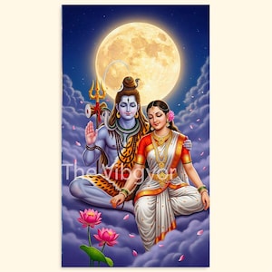 May include: A vibrant illustration of Hindu deities, Shiva and Parvati, seated on clouds under a full moon. Shiva is depicted with blue skin, a tiger skin loincloth, and a trident. Parvati wears a white sari with red accents and gold jewelry. Pink lotus flowers are in the foreground.