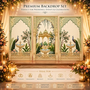May include: A three-panel backdrop set featuring an arched architectural design with illustrations of peacocks, stone fountains, and lush greenery. The panels display a light green and cream color palette with intricate floral details and columns.