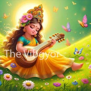 May include: A digital illustration of a serene figure playing a stringed instrument, adorned with a floral crown and jewelry. The figure is dressed in a yellow and teal outfit, seated in a field of flowers with butterflies. The text "The Vibgyor" is visible.