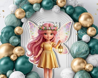 May include: A digital illustration of a fairy with pink hair, a floral crown, and wings, holding a lantern. The fairy is wearing a gold dress and is surrounded by a balloon arch in shades of gold, teal, and white, creating a whimsical scene.