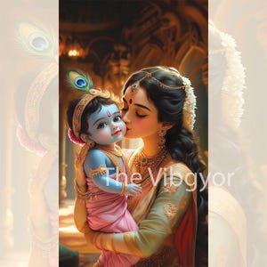 Adorável bebê Krishna beijando a mãe Yashoda | Cenário de decoração | Pôster para chá de bebê | Impressão digital | Download instantâneo