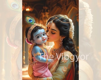 Adorable Baby Krishna Kissing Mother Yashoda | Decor Backdrop | Baby Shower Poster | Digital Print | Instant Download