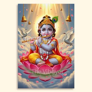 Lord Krishna | Shri Krishn Sitting on a Lotus Flower | Flute | Kanha ji |Divine Art of God Krishna| High-Resolution Print