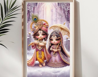 Baby Krishna and Radha Winter Art: Hindu God Printable (Instant Download)