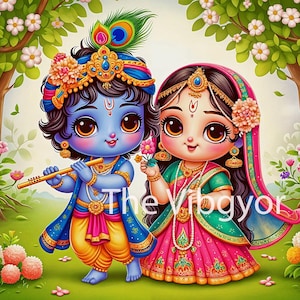 Bezaubernd niedlich Radha Krishna | Hindu Gott | Baby-Göttin Radha und Lord Krishna | Druckbare Kunst| Digitaler Download Bild