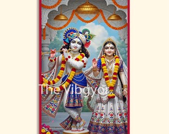 May include: A vibrant digital artwork depicting two figures in traditional Indian attire. One figure plays a flute, while the other gestures with a raised hand. Both are adorned with garlands and stand before an ornate architectural backdrop. The text "The Vibgyor" is visible.
