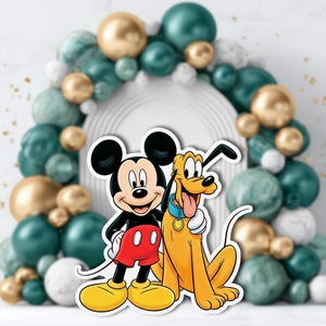 May include: A colorful illustration of Mickey Mouse and Pluto. Mickey Mouse is wearing a black jacket, red shorts, and yellow shoes. Pluto is a yellow dog with a blue collar. The background features a balloon arch in teal, gold, and white.