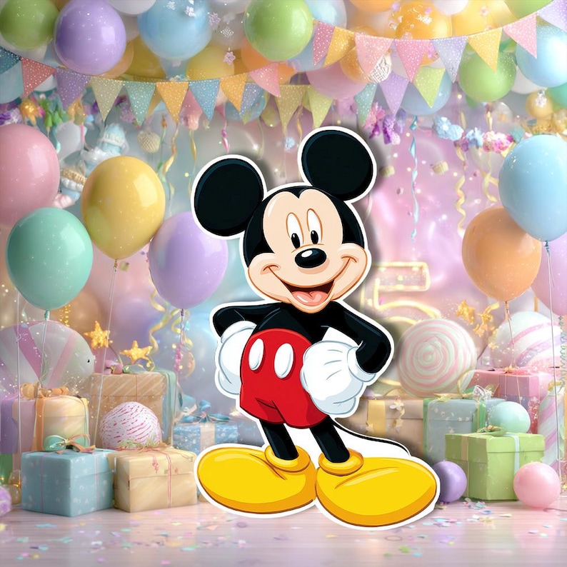 May include: A colorful birthday party scene featuring a large cutout of Mickey Mouse. The cartoon character is in his classic outfit, with red shorts, yellow shoes, and white gloves. Balloons in various pastel colors and wrapped gifts decorate the background.