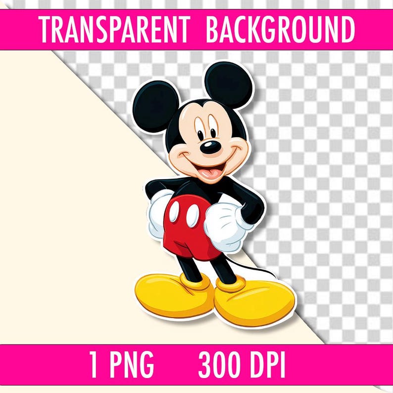 May include: A cartoon image of Mickey Mouse, a popular Disney character, with a transparent background. Mickey Mouse is depicted in his classic outfit: red shorts, yellow shoes, white gloves, and a black body and ears. The image includes the text "TRANSPARENT BACKGROUND", "1 PNG", and "300 DPI".