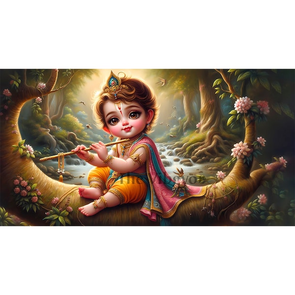 Cute Lord Krishna Art With Flute Vrindavan Indian Wall Decor Painting | Kadamba Tree Flute Player | Hindu Deity Artwork | Ready to Print