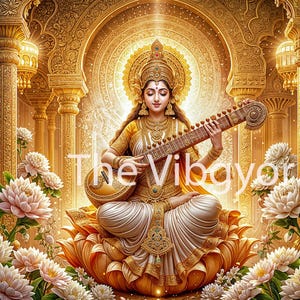 May include: A golden deity, adorned with jewelry, sits on a lotus flower and plays a sitar. The deity is surrounded by a golden, ornate background with a halo of light behind her head.