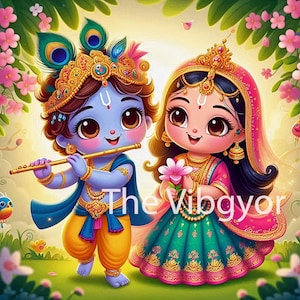 Baby Radha Krishna | Hindu God | Lord Krishna and Goddess Radha | Toddler Character | Printable Art | Digital Download Image