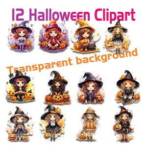 12 Watercolor Halloween litle girl,  Clipart Children Dressed Trick or Treat Spooky Season Cute Girl ,Digital Download, PNG Images