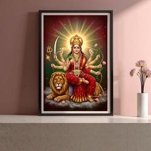 Lámina vintage de Maa Durga: Arte de diosa hindú, decoración espiritual para pared (descarga digital)