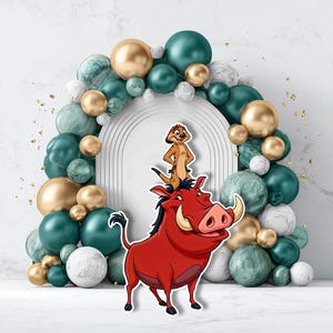 May include: A colorful cartoon image of Pumbaa and Timon from The Lion King. Pumbaa, a red warthog, is smiling with Timon, a meerkat, standing on his back. The background features a white arch and a balloon arch in gold, teal, and marble.
