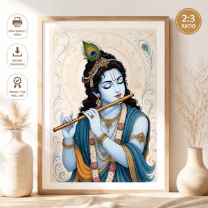May include: A framed wall art print featuring a light blue-skinned figure with dark hair adorned with a peacock feather, playing a wooden flute. The figure wears gold jewelry, a floral garland, and blue and yellow robes against a circular pattern.